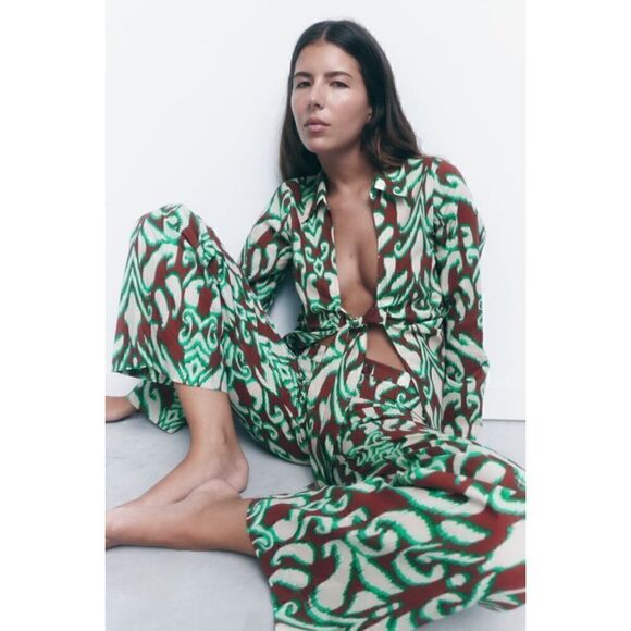 NWT Zara The Selena Blouse Printed Collared V-Neckline Tie Front Long Sleeve Top - Picture 4 of 13